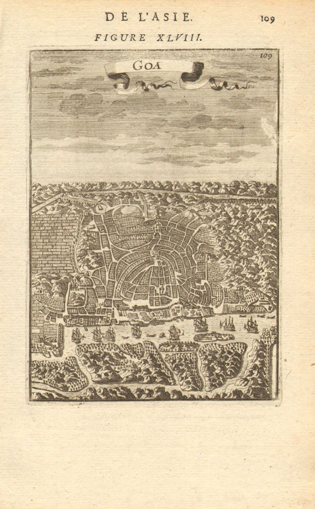 INDIA. Bird's eye view of Goa. Map. Ships. Decorative. MALLET 1683 old: Goa' (De L'Asie) by Mallet, Allain Manesson. Published 1683. Original 17th century copperplate map. Size 13 x 21 cm | 5.0 x 8.5 inches. Condition: Good; suitable for framing. The image shown may have