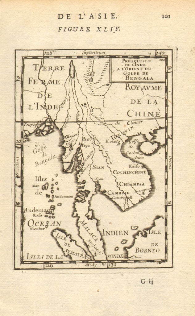 INDOCHINA. Siam Cambodia Cochinchina Tonkin Burma Malaya. MALLET 1683 old map: Presquisle de l'Inde a l'Orient du Golfe de Bengala' (De L'Asie). The map shows the mythical Lake Chiamay, the supposed source of the 5 great river systems of Southeast Asia (the Dharla, the Irrawaddy