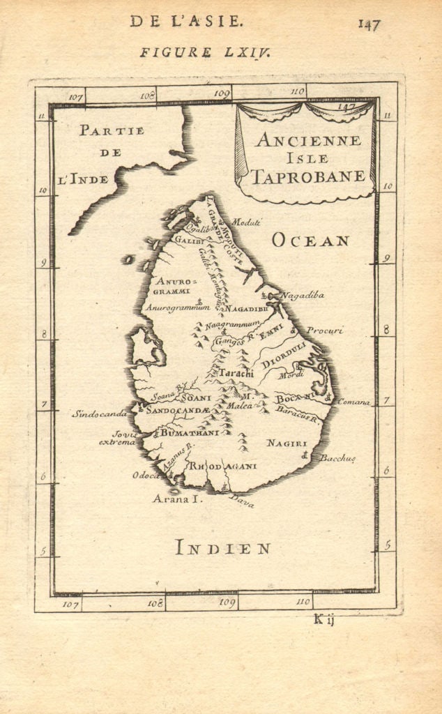 ANCIENT CEYLON. SRI LANKA. 'Ancienne Isle Taprobane' Traprobana. MALLET 1683 map: Ancienne Isle Taprobane' (De L'Asie) by Mallet, Allain Manesson. Published 1683. Original 17th century copperplate map. Size 13 x 21 cm | 5.0 x 8.5 inches. Condition: Good; suitable for framing. The i