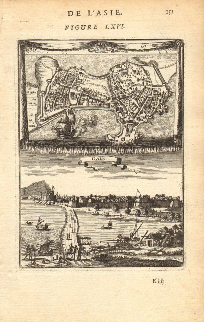 CEYLON (SRI LANKA). Map of Colombo & view of Galle. MALLET 1683 old: Columbo; Gale' (De L'Asie) by Mallet, Allain Manesson. Published 1683. Original 17th century copperplate map. Size 13 x 21 cm | 5.0 x 8.5 inches. Condition: Good; suitable for framing. The image