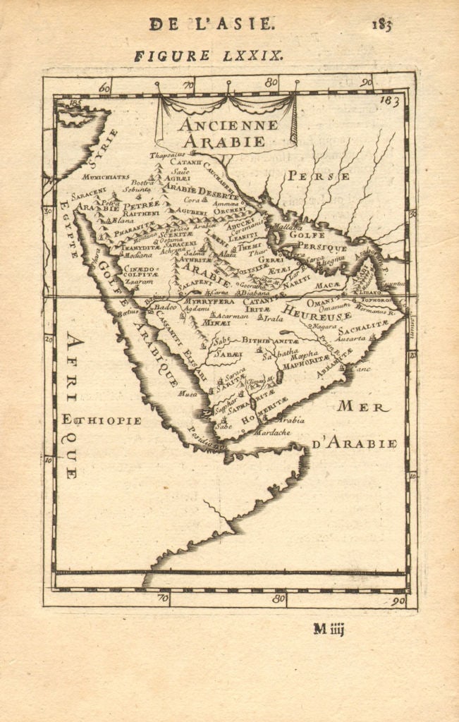 ANCIENT ARABIA. Saudi UAE Oman Qatar Petra. 'Ancienne Arabie'. MALLET 1683 map: Ancienne Arabie' (De L'Asie) by Mallet, Allain Manesson. Published 1683. Original 17th century copperplate map. Size 13 x 21 cm | 5.0 x 8.5 inches. Condition: Good; suitable for framing. The image