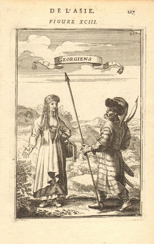GEORGIAN COSTUME. 'Georgiens'. Man & woman in 17th century dress. MALLET 1683: Georgiens' (De L'Asie) by Mallet, Allain Manesson. Published 1683. Original 17th century copperplate print. Size 13 x 21 cm | 5.0 x 8.5 inches. Condition: Good; suitable for framing. The image shown m