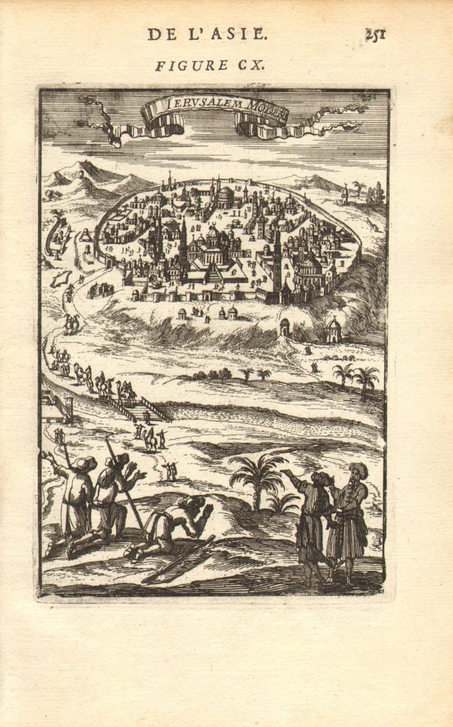 JERUSALEM. View of the city. Mosques. 'Ierusalem Moderne'. MALLET 1683 print: Ierusalem Moderne' (De L'Asie). Shows Muslims praying and many mosques by Mallet, Allain Manesson. Published 1683. Original 17th century copperplate print. Size 13 x 21 cm | 5.0 x 8.5 inches.