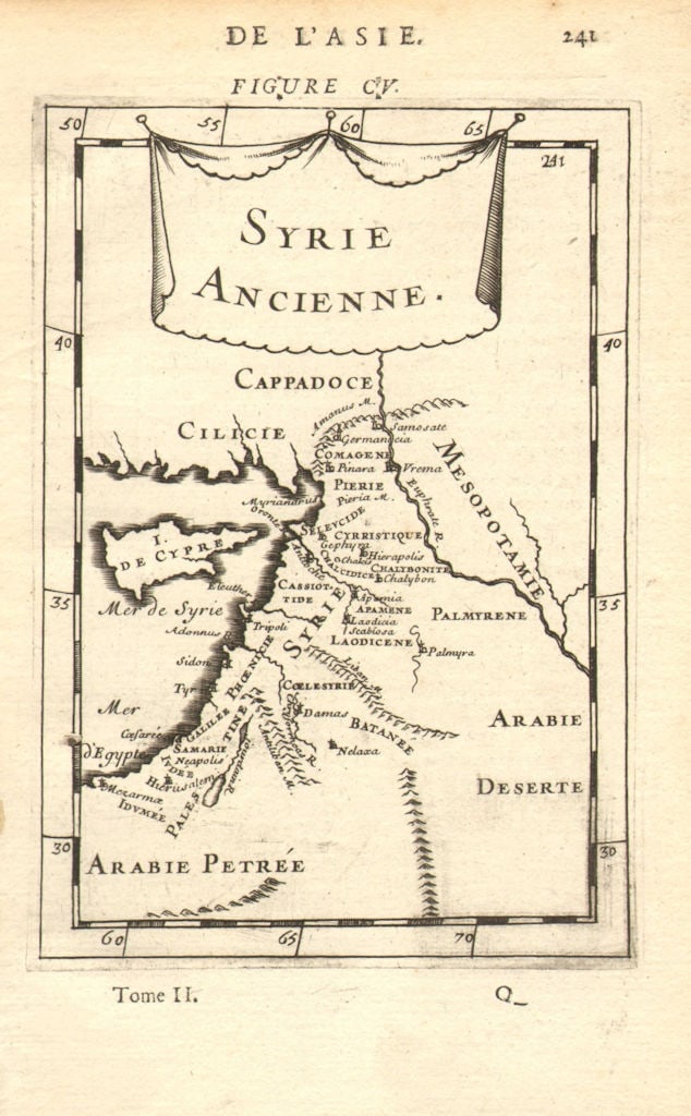 ANCIENT LEVANT. 'Syrie Ancienne'. Syria Palestine Cyprus Jordan. MALLET 1683 map: Syrie Ancienne' (De L'Asie) by Mallet, Allain Manesson. Published 1683. Original 17th century copperplate map. Size 13 x 21 cm | 5.0 x 8.5 inches. Condition: Good; suitable for framing. The image show