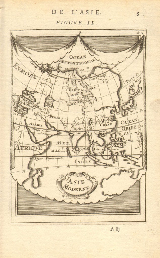 ASIA. 'Asie Moderne'. India China Japan Arabia Persia (Iran). MALLET 1683 map: Asie Moderne' (De L'Asie) by Mallet, Allain Manesson. Published 1683. Original 17th century copperplate map. Size 13 x 21 cm | 5.0 x 8.5 inches. Condition: Good; suitable for framing. The image shown