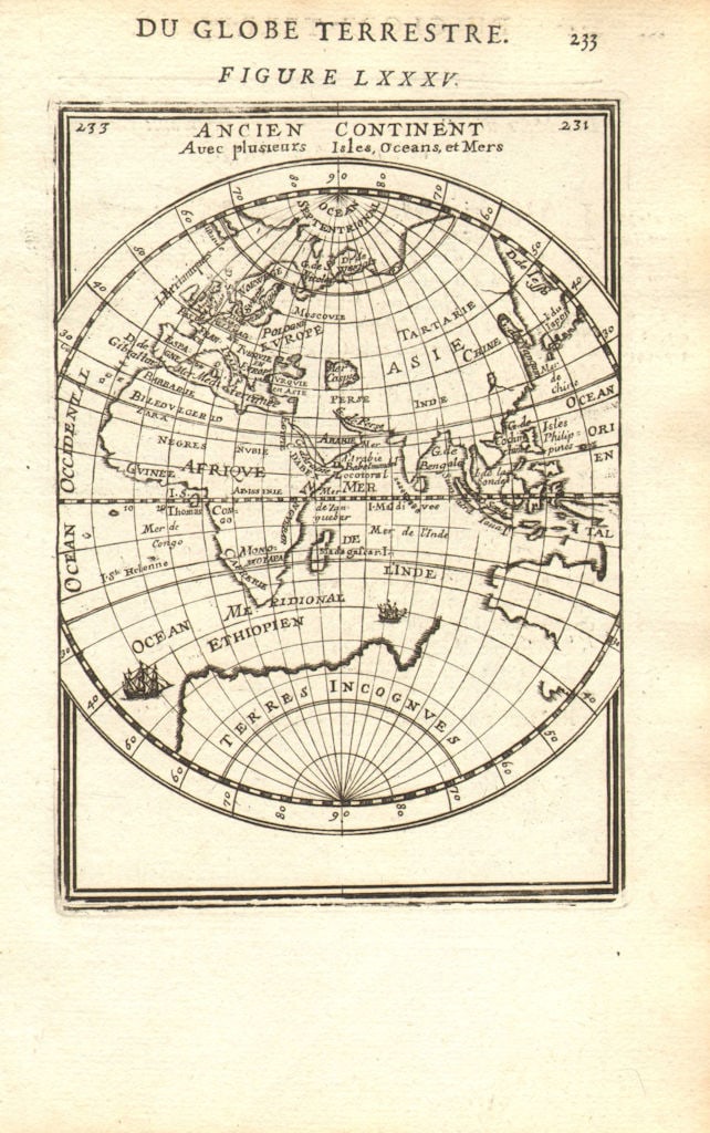 EASTERN HEMISPHERE. Australia incomplete. Europe Asia Africa. MALLET 1683 map: Ancien Continent avec plusieurs Isles, Oceans et Mers' (Du Globe Terrestre). Partial outline of Terra Australis, the hypothesised southern continent, is shown. by Mallet, Allain Manesson. Published 16