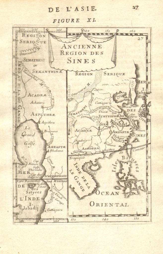 ANCIENT CHINA. Pearl River Delta HK Guangzhou Shenzen. Philippines 1683 map: Ancienne Region des Sines' (De L'Asie). The map on the right hand side shows ancient China. The Tropic of Cancer is shown to pass through the location of the Pearl River Delta, adjacent to a town mark