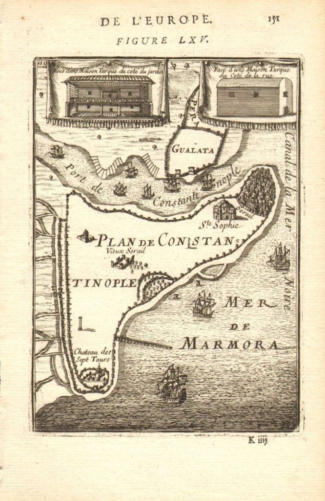 CONSTANTINOPLE (ISTANBUL). City plan. Galata Pera Golden Horn. MALLET 1683 map: Plan de Constantinople' (De L'Europe). Shows the walled city of Constantinople, and on the north of the Golden Horn, Pera & Galata. With the city are shown the Serail (the Topkapi Palace / Topkap?