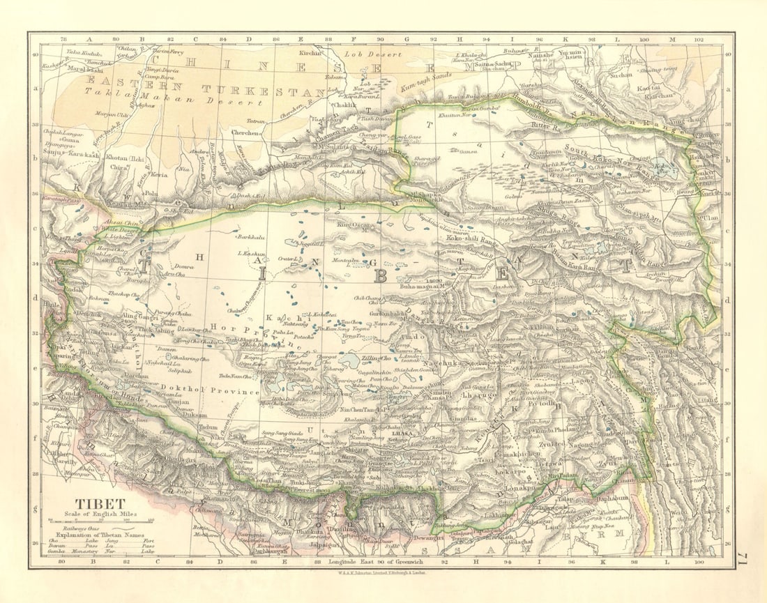 TIBET. Lhasa Chang Tang Himalayas Taklamakan desert. JOHNSTON 1906 old map: Tibet' by Johnston, W & AK. Published 1906. Colour antique map. Size 21 x 27 cm | 8.0 x 10.5 inches. Condition: Good; suitable for framing. The image shown may have been taken from a different
