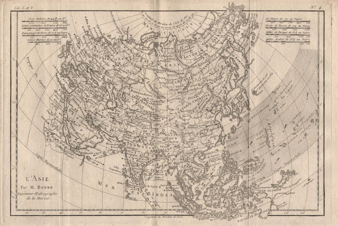 L'Asie. Asia, showing the trade winds. BONNE 1780 old antique map plan chart: L'Asie'. A map of Asia, showing the trade winds by Bonne, Rigobert. Published 1780. Antique copperplate engraved map. Size 23 x 35 cm | 9.0 x 13.5 inches. Condition: Good; suitable for framing. Please