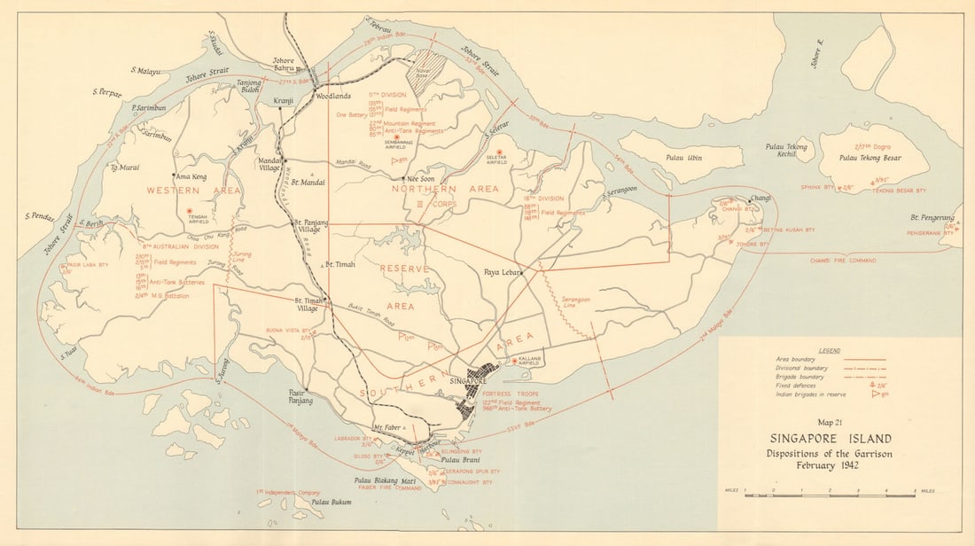 Singapore Island, dispositions of the garrison February 1942 1957 old map: Singapore Island, Dispositions of the garrison February 1942' by HMSO. Published 1957. Vintage colour military history map. Size 24 x 43 cm | 9.5 x 17.0 inches. Condition: Good; suitable for framing.