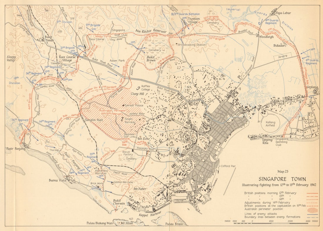 Battle of Singapore. Town city. 12th to 15th February 1942 1957 old map: Singapore Town (illustrating fighting from 12th to 15th February 1942)' by HMSO. Published 1957. Vintage colour military history map. Size 22 x 30 cm | 8.5 x 11.5 inches. Condition: Good; suitable for