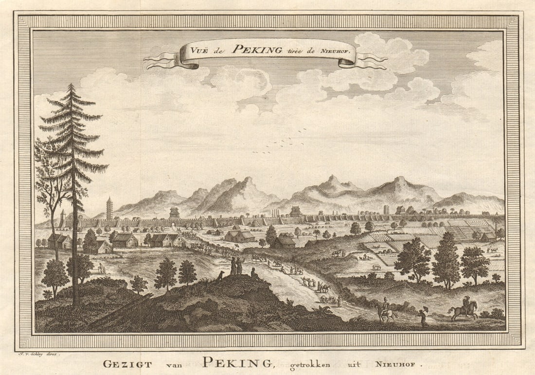 Vue de Peking'. China. View of Beijing, after Nieuhof. SCHLEY 1749 old print: Vue de Peking, tiree de Nieuhof [View of Beijing, after Nieuhof] by Schley, Jakob van der. Published 1749. Antique copperplate print. Size 19 x 27 cm | 7.5 x 10.5 inches. Condition: Good; suitable