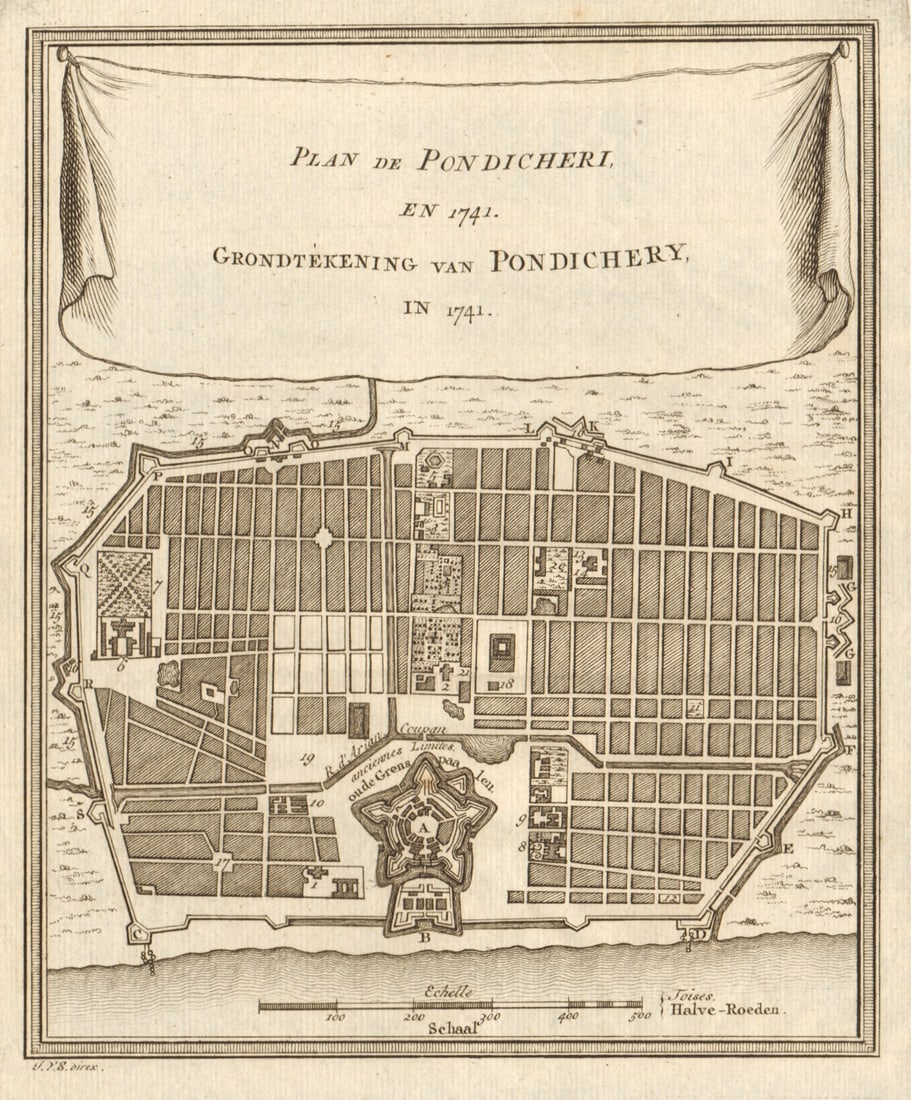 Plan de Pondichery, en 1741'. Pondicherry Puducherry. BELLIN/SCHLEY 1756 map: Plan de Pondichery, en 1741 [Plan of Pondicherry, in 1741]. Pondicherry, or Puducherry by Schley, Jakob van der & Bellin, Jacques Nicolas. Published 1756. Antique copperplate map. Size 20 x 17 cm | 7.