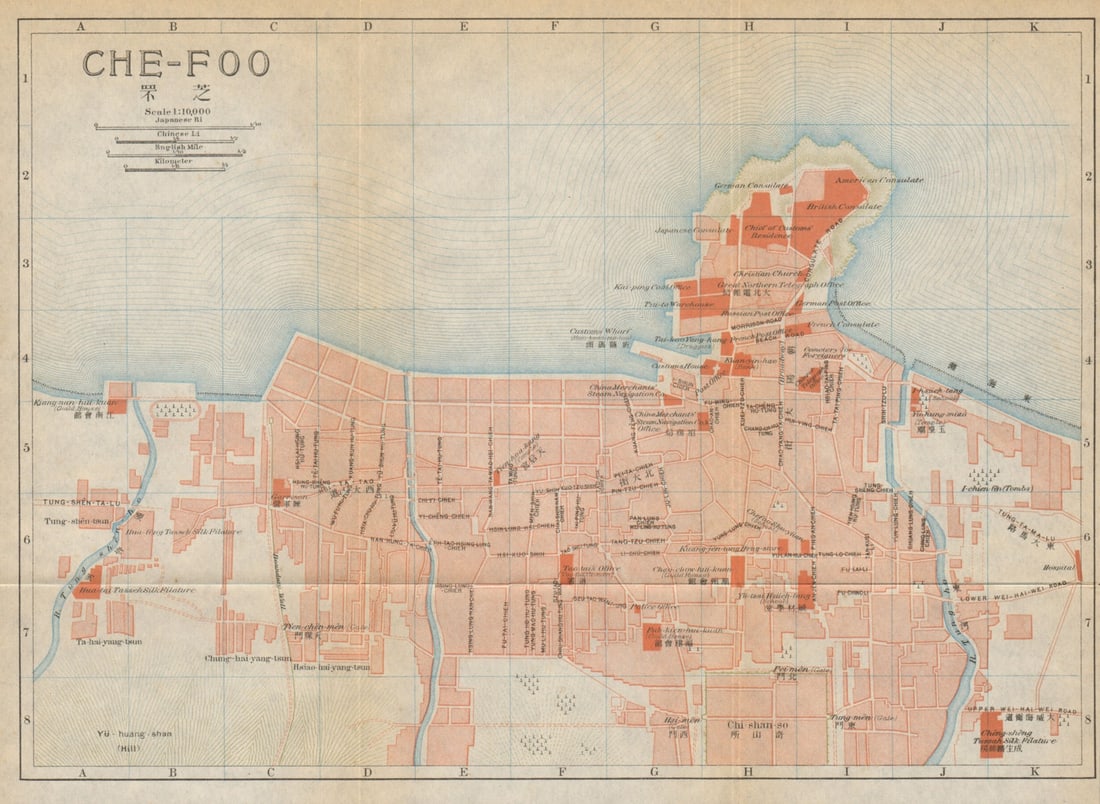 Chefoo'. Yantai antique town city plan. China 1915 old map chart (1 of 1)