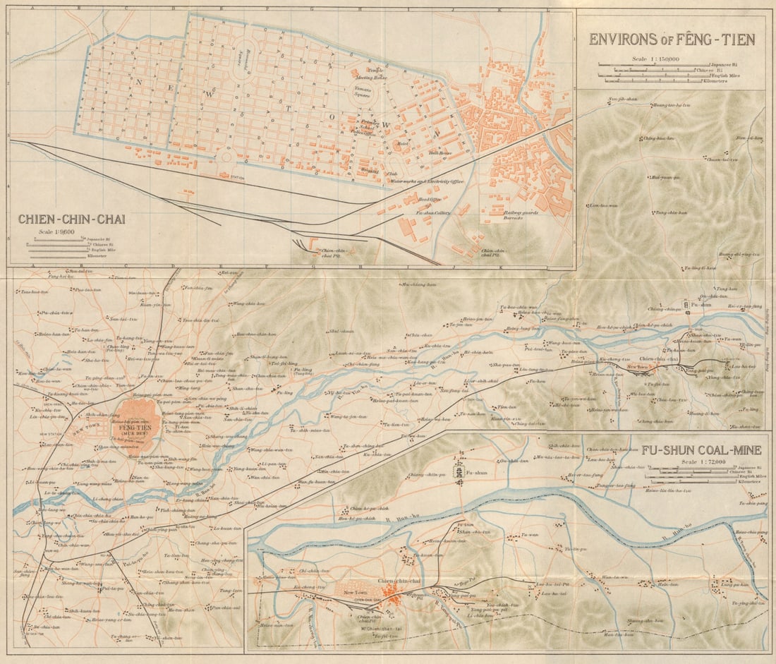 Environs of Feng-tien'. Shenyang, Fushun & Xinfu mines. Liaoning China 1913 map: Environs of Feng-tien [Shenyang] with Chien-chin-chai and Fu-shun Coal Mine. Imperial Japanese Government Railways. Published 1913. Antique colour town city plan & environs map. Size 31 x 37 cm | 12.0