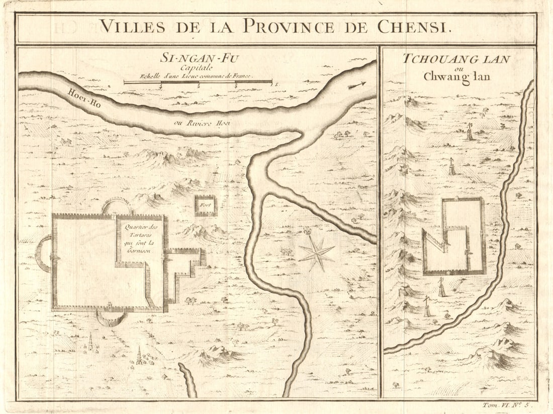 Xian (Si-Ngan) city, Shaanxi. Shuiluo, Zhuanglang Gansu China. BELLIN 1748 map: Villes de la Province de Chensi. Si-Ngan-Fu: Capitale. Tchang Lan ou Tchouang Lan [Cities of Shaanxi province. Xian, capital. Shuiluo, Zhuanglang, Gansu] by Bellin, Jacques-Nicolas. Published 1748.