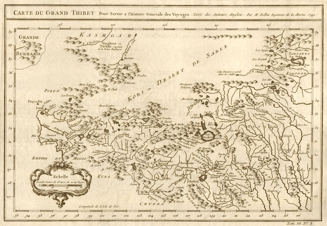 Carte du Grand Thibet'. Tibet Qinghai Xinjiang, China. Ladakh. BELLIN 1749 map: Carte du Grand Thibet [Map of Great Tibet] by Bellin, Jacques-Nicolas. Published 1749. Antique copperplate map. Size 22 x 32 cm | 8.5 x 12.5 inches. Condition: Good; suitable for framing. The image