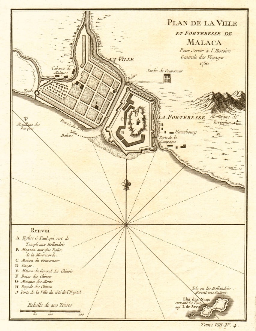 Plan de la Ville et Forteresse de Malaca'. Malacca, Malaysia. BELLIN 1750 map: Plan de la Ville et Forteresse de Malaca [Plan of the city and fortress of Malacca] by Bellin, Jacques-Nicolas. Published 1750. Antique copperplate map. Size 21 x 17 cm | 8.5 x 6.5 inches. Condition: 