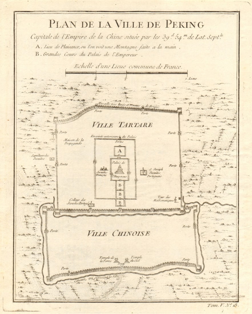 Plan de la Ville de Peking'. City plan of Beijing, China. BELLIN 1748 old map: Plan de la Ville de Peking , Capitale de l'Empire de la Chine situee par 39d. 54m de Lat. Septle [Plan of the City of Beijing, Capital of the Chinese Empire] by Bellin, Jacques-Nicolas. Published