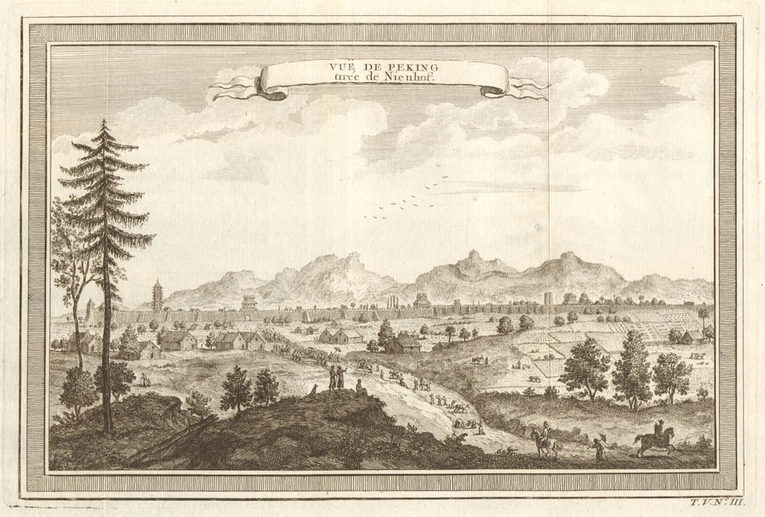 Vue de Peking'. China. View of the city of Beijing, after Nieuhof 1748 print: Vue de Peking, tiree de Nieuhof [View of Beijing, after Nieuhof] by Bellin, Jacques-Nicolas. Published 1748. Antique copperplate print. Size 19 x 28 cm | 7.5 x 11.0 inches. Condition: Good; suitable
