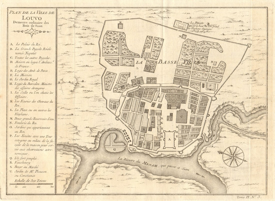 Town city 'Plan de la Ville de Louvo'. Lopburi, Thailand. BELLIN 1751 old map: Plan de la Ville de Louvo; Deneure Ordinaire des Rois de Siam [Plan of the city of Lopburi] by Bellin, Jacques-Nicolas. Published 1751. Antique copperplate map. Size 20 x 28 cm | 8.0 x 11.0 inches.