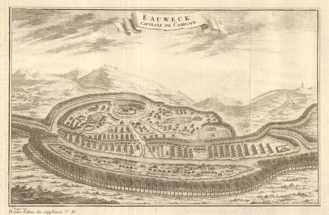 Eauweck, Capitale de Camboye'. Plan/view of Longvek, Cambodia. BELLIN 1761 map: Eauweck, Capitale de Camboye [Longvek, capital of Cambodia] by Bellin, Jacques-Nicolas. Published 1761. Antique copperplate map. Size 18 x 28 cm | 7.0 x 11.0 inches. Condition: Good; suitable for