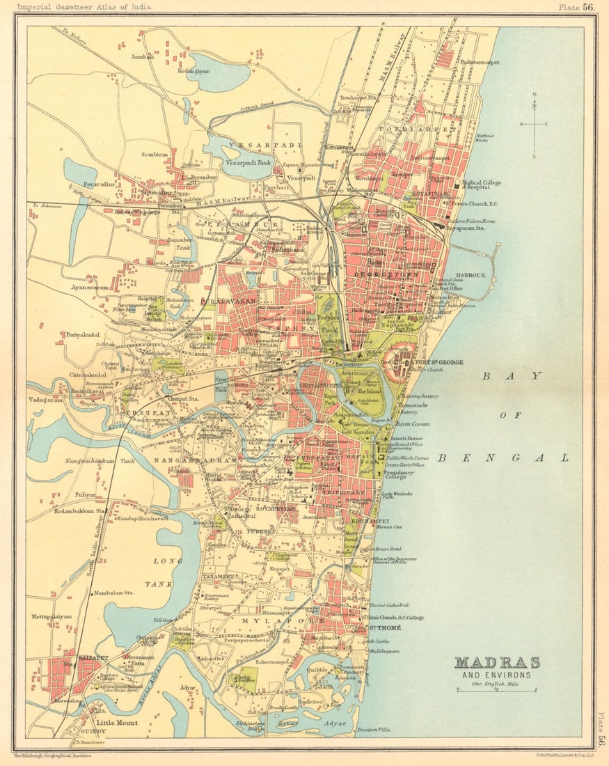 Madras / Chennai town city plan. Key buildings. British India 1931 old map: Madras & environs' by Bartholomew, J. G.. Published 1931. Vintage colour gazetteer map. Size 25 x 20 cm | 9.5 x 7.5 inches. Condition: Good; suitable for framing. Please check the scan for any
