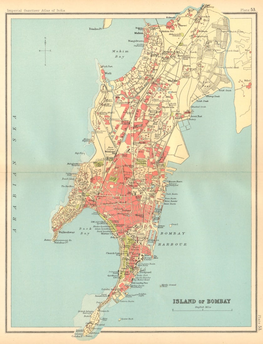 Bombay Island town city plan. Mumbai. British India 1931 old vintage map chart: Island of Bombay' by Bartholomew, J. G.. Published 1931. Vintage colour gazetteer map. Size 26 x 20 cm | 10.0 x 7.5 inches. Condition: Good; suitable for framing. Please check the scan for any blemish