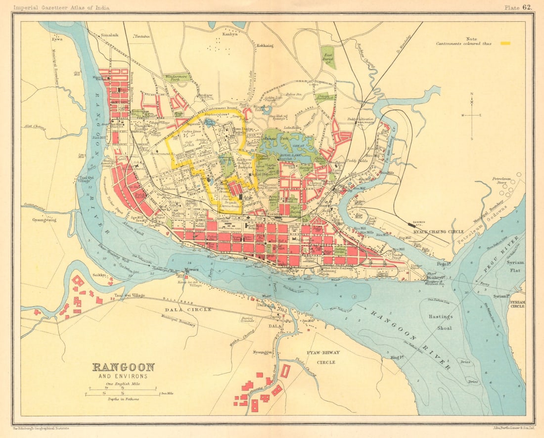 Rangoon / Yangon town city plan. Myanmar. Cantonment. British Burma 1931 map: Rangoon & environs' by Bartholomew, J. G.. Published 1931. Vintage colour gazetteer map. Size 20 x 25 cm | 8.0 x 9.5 inches. Condition: Good; suitable for framing. Please check the scan for any