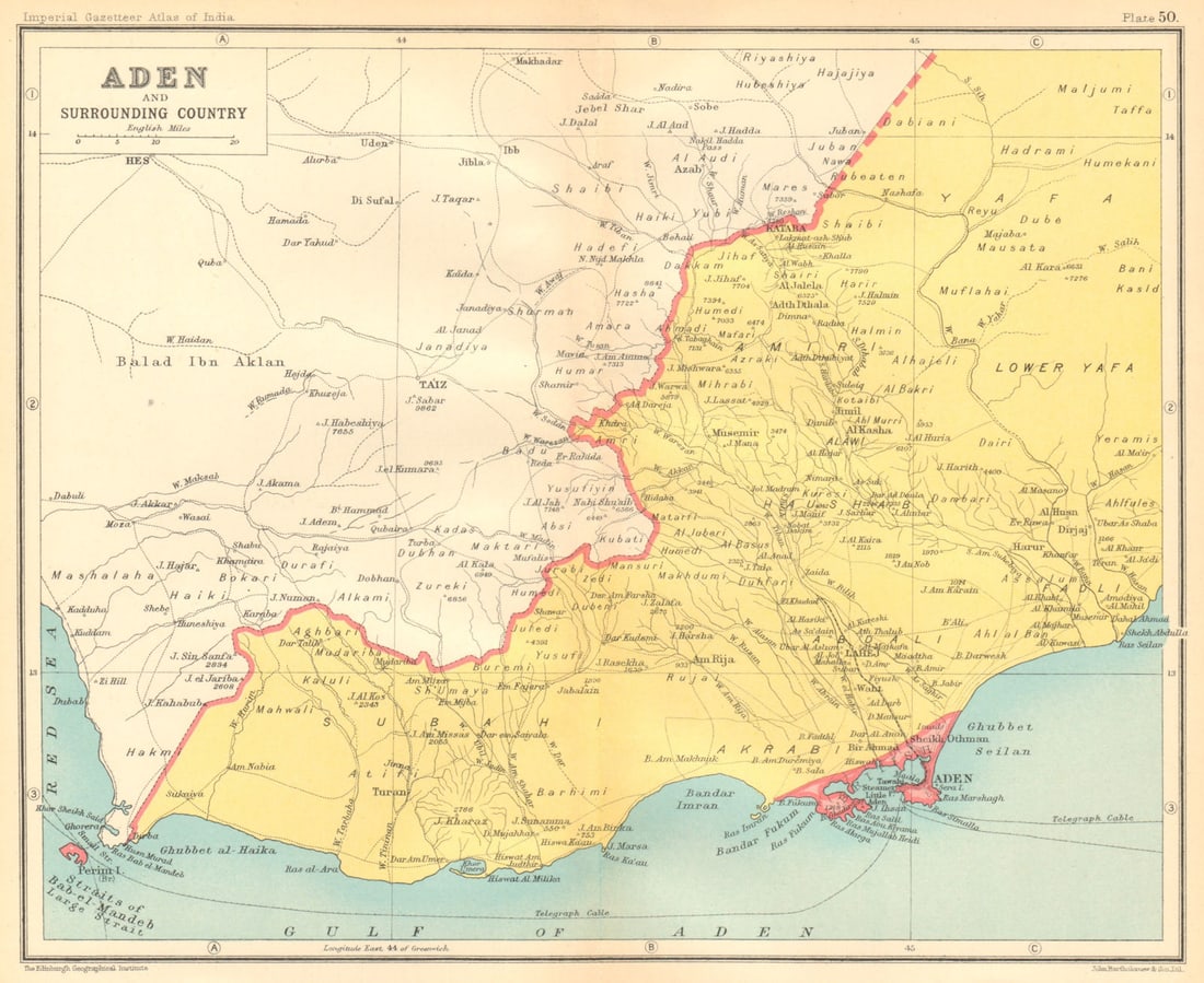 British Aden. Southern Yemen. Lahij Abyan 1931 old vintage map plan chart: Aden and Surrounding Country' by Bartholomew, J. G.. Published 1931. Vintage colour gazetteer map. Size 20 x 25 cm | 8.0 x 9.5 inches. Condition: Good; suitable for framing. Please check the scan for 