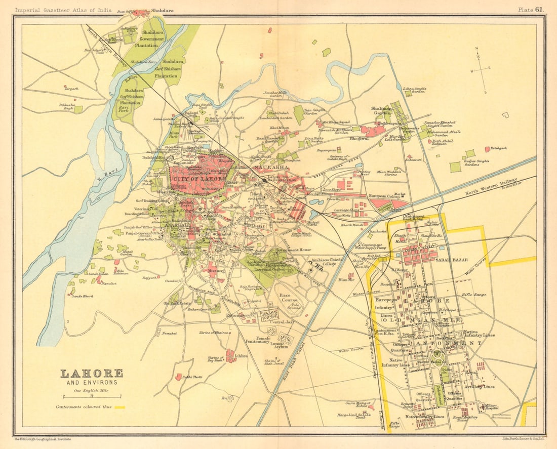 Lahore town city plan. Cantonment Key buildings. British India/Pakistan 1931 map: Lahore & environs' by Bartholomew, J. G.. Published 1931. Vintage colour gazetteer map. Size 20 x 25 cm | 8.0 x 10.0 inches. Condition: Good; suitable for framing. Please check the scan for any