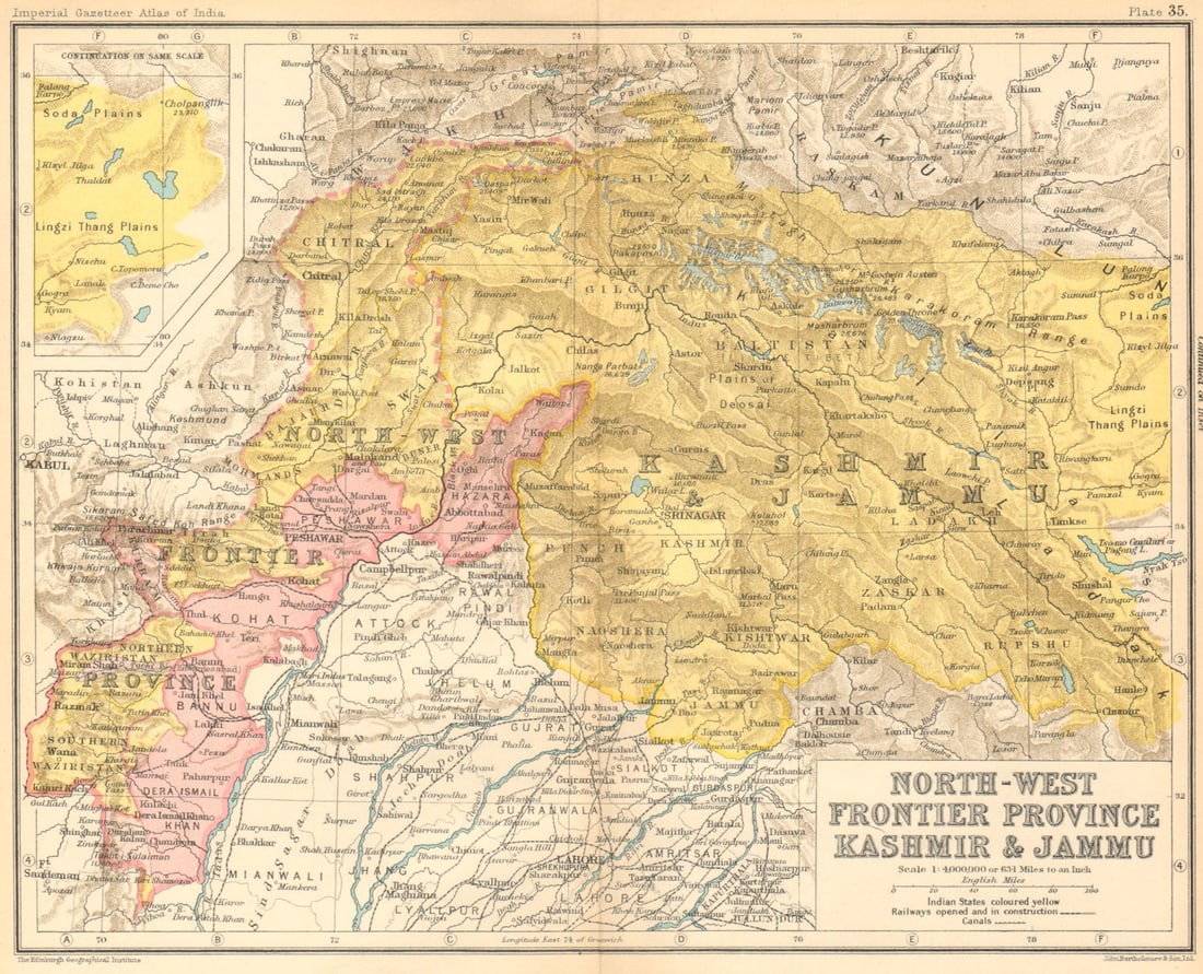 North-West Frontier Province, Jammu & Kashmir'. British India/Pakistan 1931 map: North-West Frontier Province, Kashmir & Jammu' by Bartholomew, J. G.. Published 1931. Vintage colour gazetteer map. Size 20 x 25 cm | 8.0 x 9.5 inches. Condition: Good; suitable for framing.
