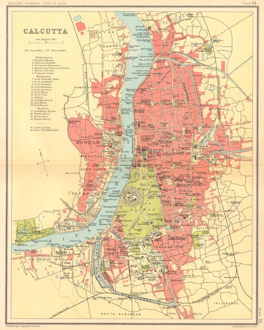 Calcutta / Kolkata town city plan. Fort William. British India 1931 old map: Calcutta' by Bartholomew, J. G.. Published 1931. Vintage colour gazetteer map. Size 25 x 20 cm | 9.5 x 7.5 inches. Condition: Good; suitable for framing. Please check the scan for any blemishes prior