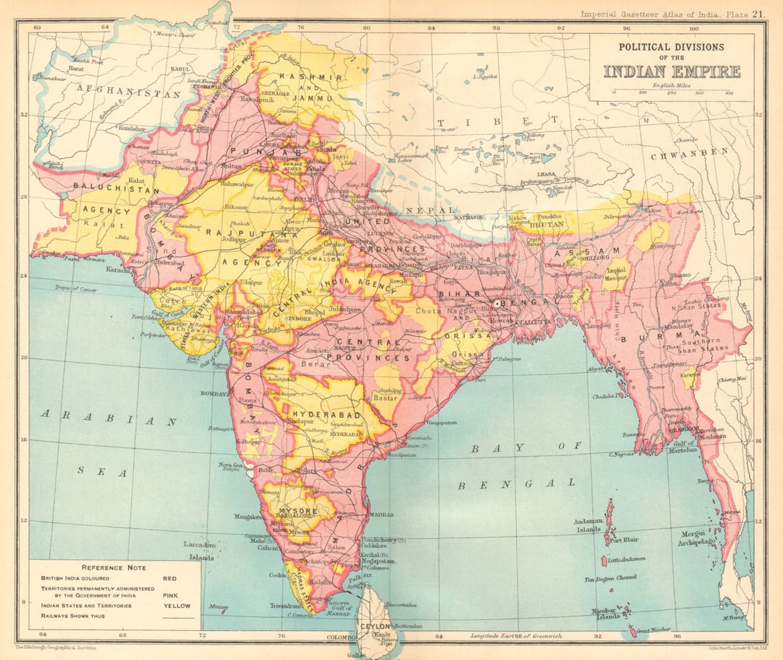 BRITISH INDIA Political Divisions. Indian states 1931 old vintage map chart: Political Divisions of the Indian Empire' by Bartholomew, J. G.. Published 1931. Vintage colour gazetteer map. Size 21 x 25 cm | 8.5 x 9.5 inches. Condition: Good; suitable for framing. Please check