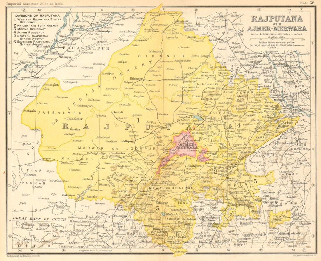 Rajputana, with Ajmer-Merwara'. British India provinces. Rajasthan 1931 map: Rajputana, with Ajmer-Merwara' by Bartholomew, J. G.. Published 1931. Vintage colour gazetteer map. Size 20 x 25 cm | 8.0 x 9.5 inches. Condition: Good; suitable for framing. Please check the scan