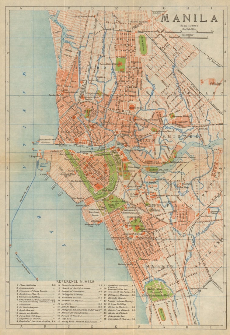 Manila antique town city plan. Philippines 1920 old map chart: Manila'. Imperial Japanese Government Railways. Published 1920. Antique colour map. Size 28 x 19 cm | 11.0 x 7.5 inches. Condition: Good; suitable for framing. Tight right margin. Please check the sca