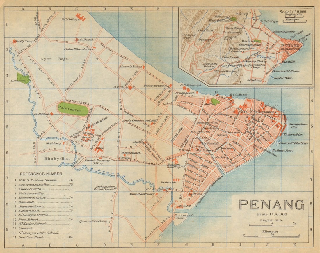 George Town, Penang antique town city plan. Malaysia 1920 old map: Penang'. Imperial Japanese Government Railways. Published 1920. Antique colour map. Size 15 x 19 cm | 6.0 x 7.5 inches. Condition: Good; suitable for framing. Please check the scan for any blemishes