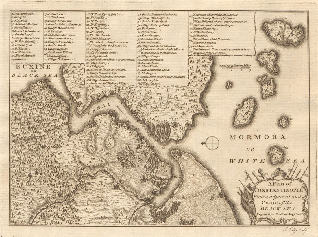 Constantinople & canal of the Black Sea. Istanbul & Bosphorus. LODGE 1770 map: A plan of Constantinople, places adjacent and canal of the Black Sea' by Lodge, John. Published 1770. Antique copperplate map. Size 19 x 25 cm | 7.5 x 10.0 inches. Condition: Good; suitable for