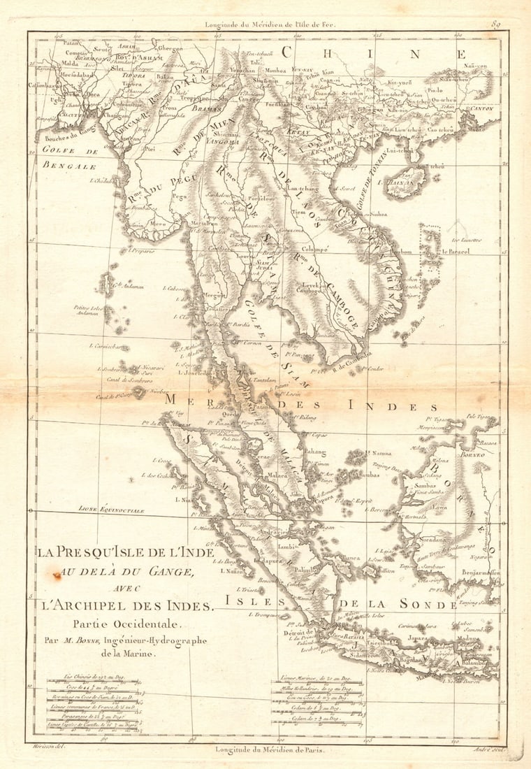 La Presqu'Isle de l'Inde. Indochina Sumatra Java Borneo. BONNE 1788 old map: La Presqu'Isle de l'Inde au dela du Gange, avec I'Archipel des Indes, partie Occidentale [The peninsula of Indochina beyond the Ganges, with archipelago of the East Indies, western part] by Bonne,