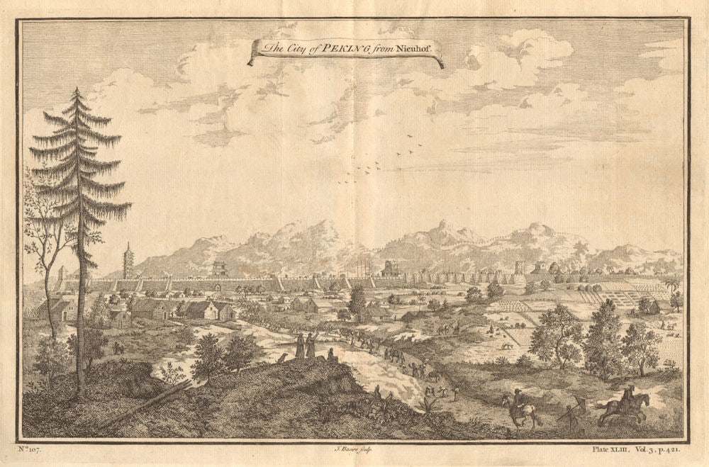 A view of ''The City of Pekin'. Peking or BEIJING, China. After NIEUHOF 1746: The City of Pekin from Nieuhof'. J. Basire, from Nieuhof. Published 1746. Antique copperplate print. Size 22 x 34 cm | 8.5 x 13.0 inches. Condition: Good; suitable for framing. The image shown may