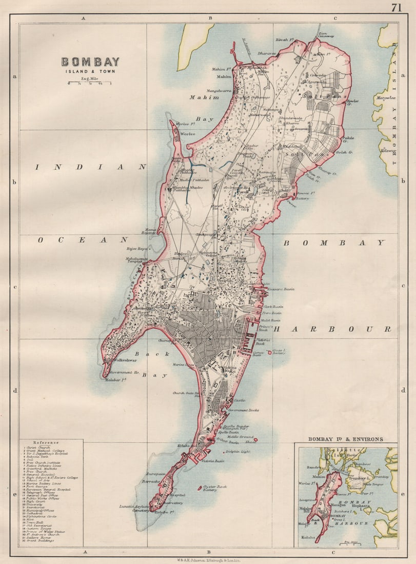 BOMBAY ISLAND. City connected by Zion causeway. Mumbai. JOHNSTON 1900 old map: Bombay Islands & Town; Inset map of Bombay Id. & environs'. W. & A.K. Johnston, Limited, Edinburgh & London. Published 1900. Antique colour map. Size 27 x 20 cm | 10.5 x 7.5 inches. Condition: