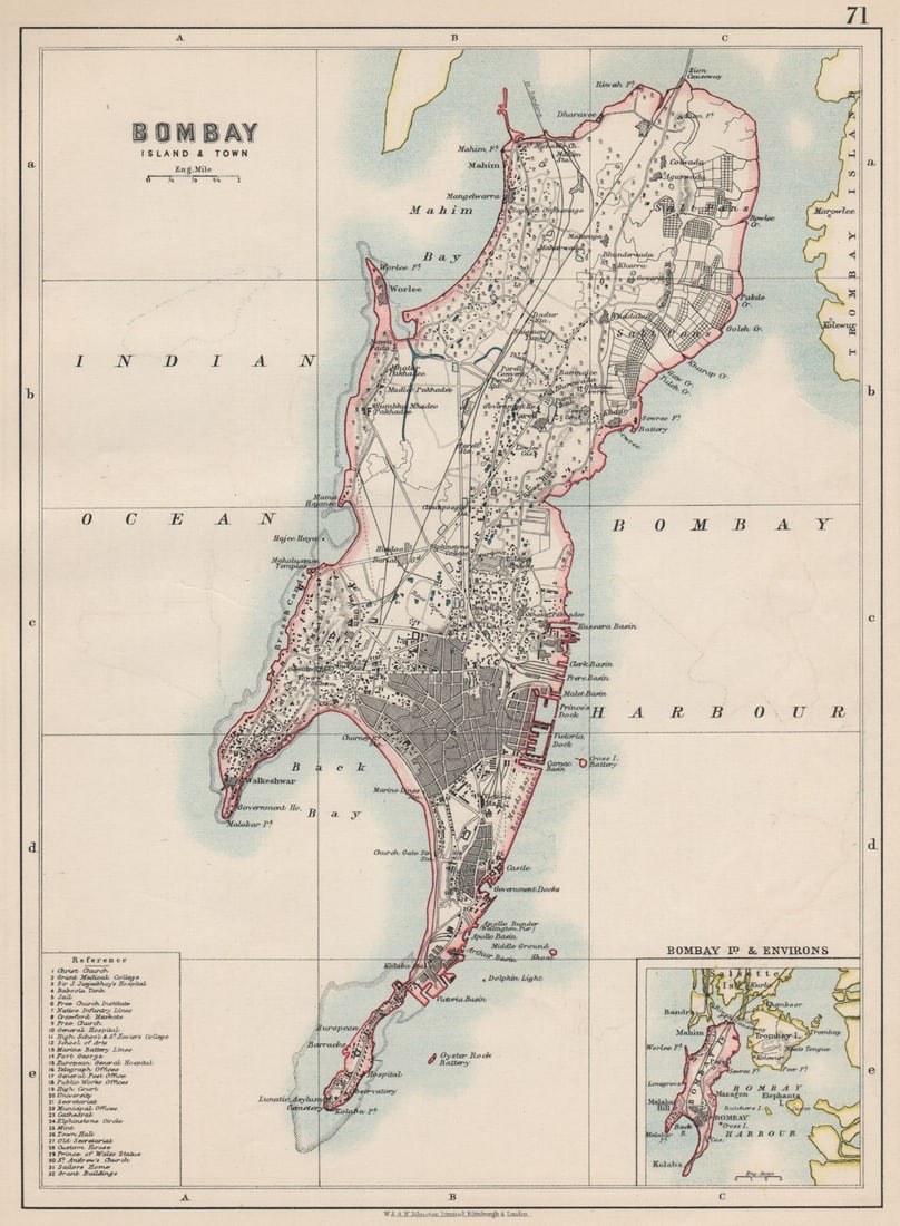 BOMBAY ISLAND. City connected by Zion causeway. Mumbai. JOHNSTON 1903 old map: Bombay Island and Town; Inset map of Bombay Id. & environs'. W. & A.K. Johnston, Limited, Edinburgh & London. Published 1903. Antique colour map. Size 27 x 20 cm | 10.5 x 7.5 inches. Condition: Go