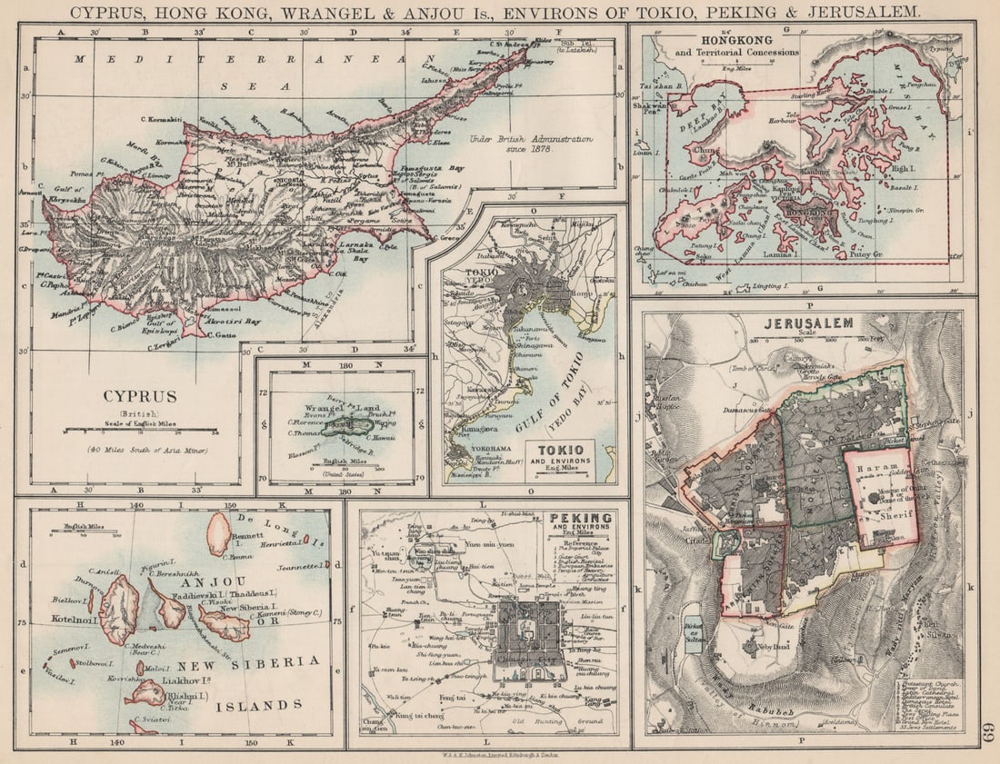 CYPRUS HONG KONG TOKYO PEKING JERUSALEM. City plans. Anzhu islands 1903 map: Cyprus, Hong Kong, Wrangel & Anjou Is., environs of Tokio, Peking & Jerusalem'. W. & A.K. Johnston, Limited, Edinburgh & London. Published 1903. Antique colour map. Size 21 x 27 cm | 8.0 x 10.