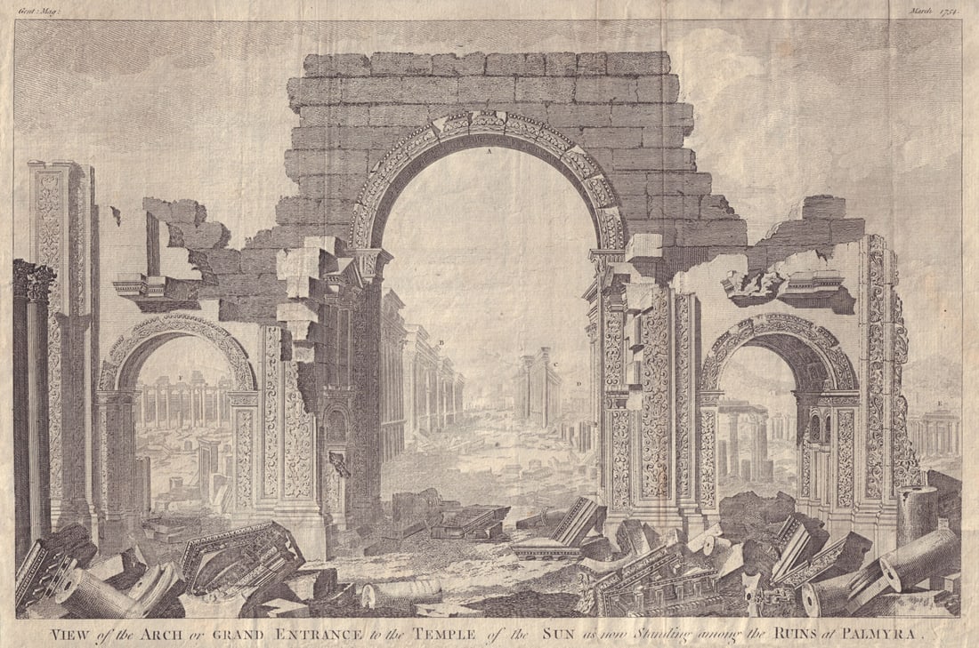 The Arch or Temple of the Sun among the Ruins at Palmyra, Syria 1754 print: View of the Arch or Grand Entrance to the Temple of the Sun as now Standing among the Ruins at Palmyra' by Anonymous. Published 1754. Antique copperplate print. Size 24 x 37 cm | 9.5 x 14.5 inches.