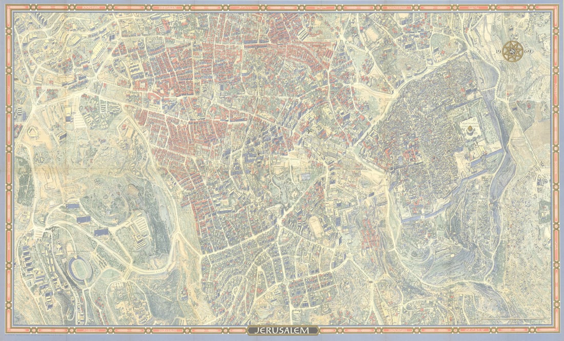 Jerusalem pictorial bird's eye view city plan. Israel. #100 BOLLMANN 1969 map: Jerusalem' by Bollmann, Hermann. Published 1969. Vintage axonometric "bird's eye view" city tourist plan. Size 55 x 90 cm | 21.5 x 35.5 inches. Condition: Good; suitable for framing. Please check the 