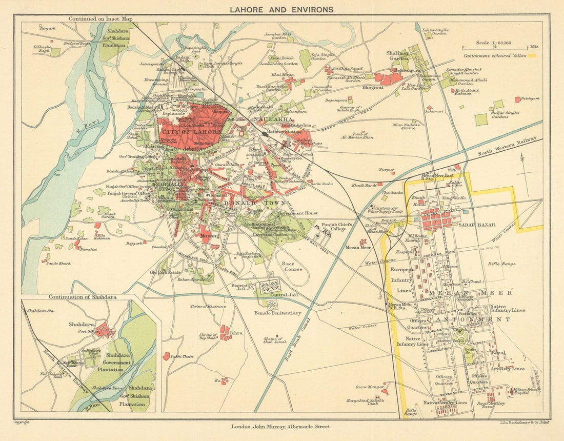 PAKISTAN. Lahore city plan showing the Old Meean Meer Cantonment 1905 map: Lahore and environs' by Murray, John. Published 1905. Colour antique map. Size 17 x 22 cm | 6.5 x 8.5 inches. Condition: Good; suitable for framing. Please check the scan for any blemishes prior to