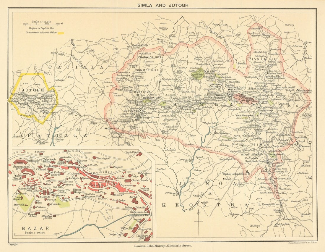 BRITISH INDIA. Simla (Shimla) & Jutogh cantonment; inset Lakkar Bazaar 1905 map: Simla and Jutogh // Bazar' by Murray, John. Published 1905. Colour antique map. Size 17 x 22 cm | 6.5 x 8.5 inches. Condition: Good; suitable for framing. Please check the scan for any blemishes