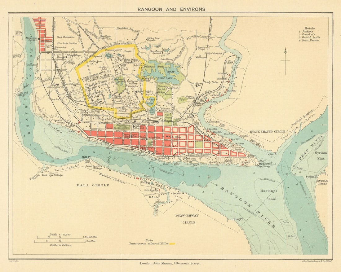 BRITISH BURMA. Rangoon (Yangon) city plan. Myanmar. Cantonment 1905 old map: Rangoon and environs' by Murray, John. Published 1905. Colour antique map. Size 18 x 22 cm | 7.0 x 8.5 inches. Condition: Good; suitable for framing. Please check the scan for any blemishes prior to m