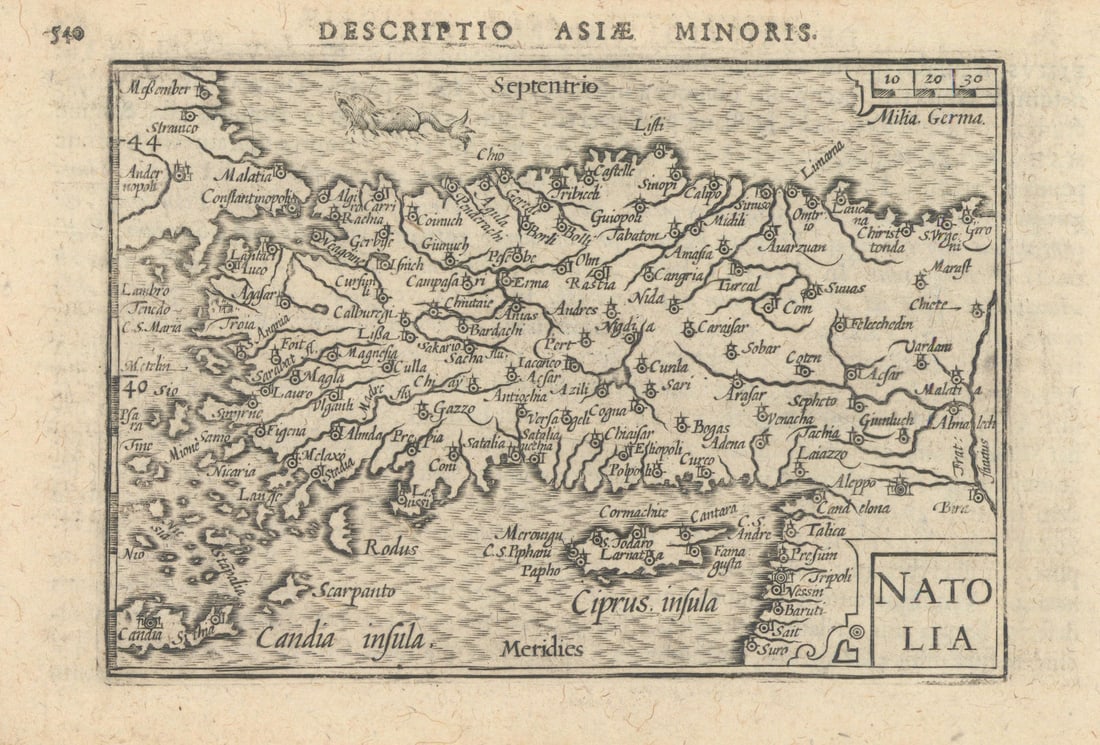 Asiae Minoris / Natolia by Bertius/Langenes. Asia Minor Anatolia Turkey 1603 map: Descriptio Asiae Minoris / Natolia [Asia Minor, Anatolia]. Drawn by Petrus Bertius, from his Latin edition of Barent Langenes' Caert Thresoor. Published 1603. Antique copperplate map. Size 11 x 17 cm 